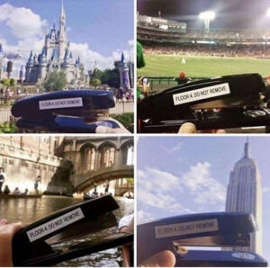 Black office stapler in multiple photos with the background photos being Disney World, a professional soccer match, punting in Oxford, and the Empire State Building