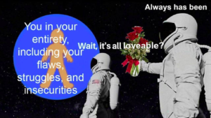 Meme of astronauts looking at gingerbread looking man in a blue moon offering flowers of love and acceptance