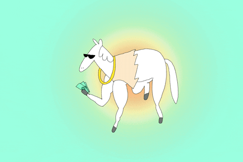 A cartoon horse with sunglasses & a gold necklace dancing with dollar bills in his hoof.