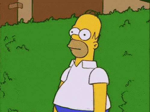 A GIF of Homer Simpson, a cartoon character, slowly backing away into a bush and disappearing while keeping a straight face.